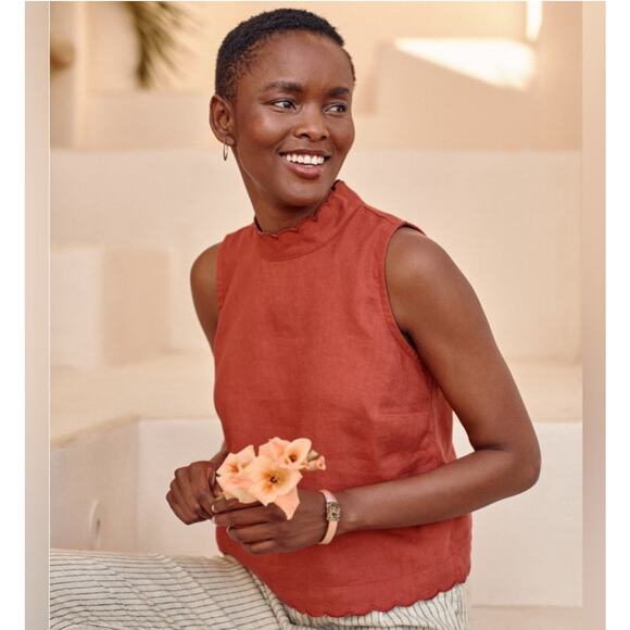 Garnet Hill Tops - Garnet Hill Women’s M Coastline Top Sleeveless European Linen Orange Scalloped